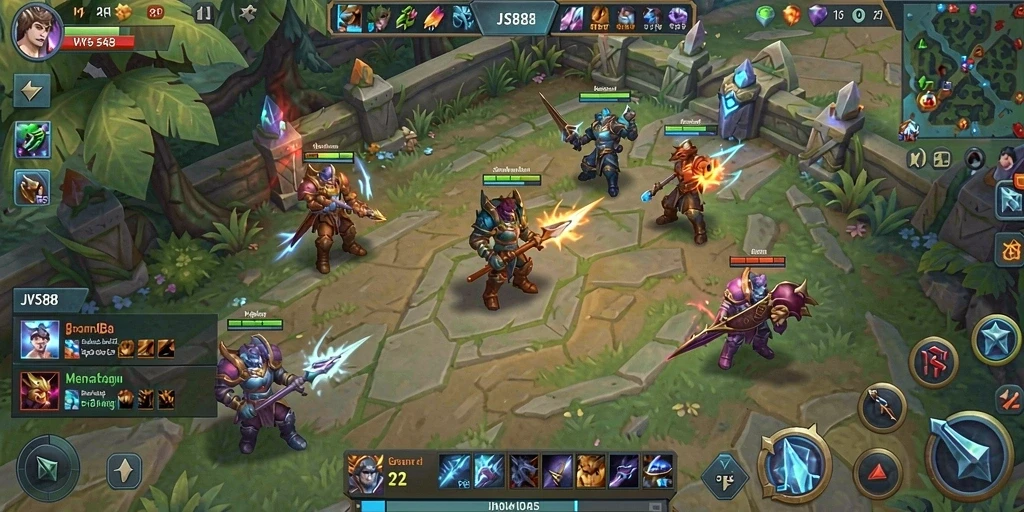 Tampilan gameplay seru dari JVS88, menampilkan aksi pertempuran MOBA.