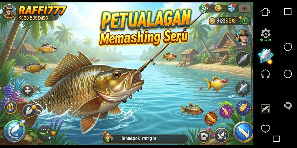 Tampilan screenshot RAFFI777 menampilkan aksi seru memancing di lokasi indah.